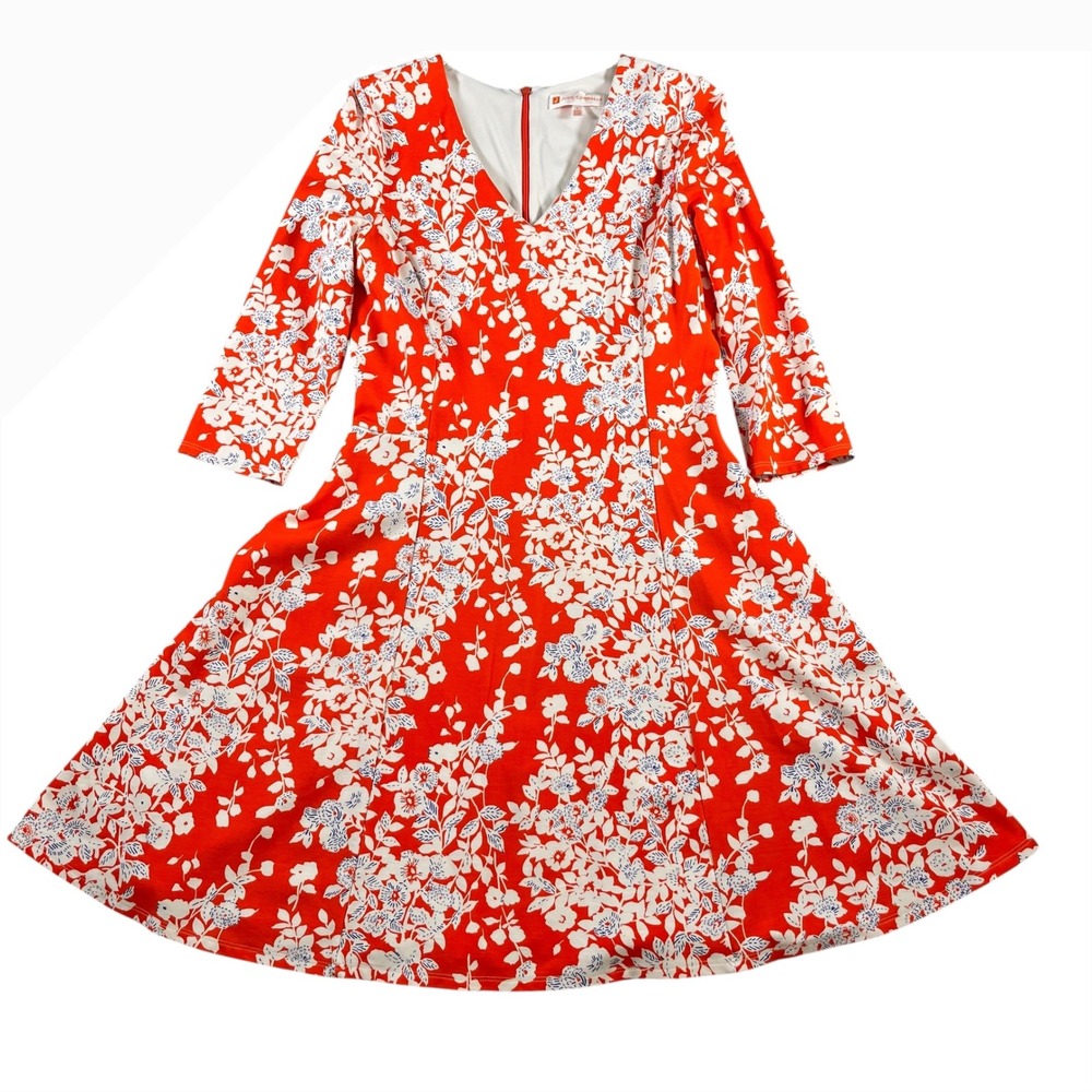 Jude Connally Dress Womens Large Orange White Floral V-Neck 3/4 Sleeve Fit Flare